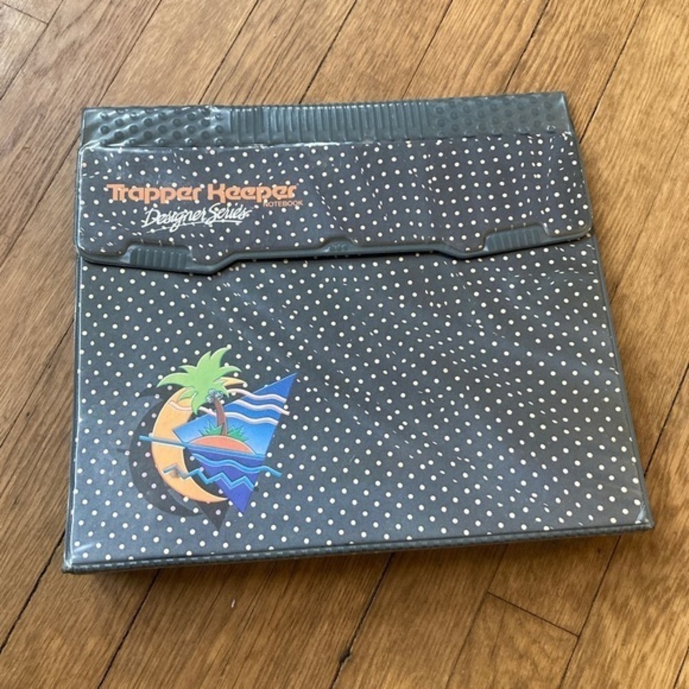 Trapper Keeper Designer Series 3 Ring Binder Navy Polka Dot Palm Tree-2 folders